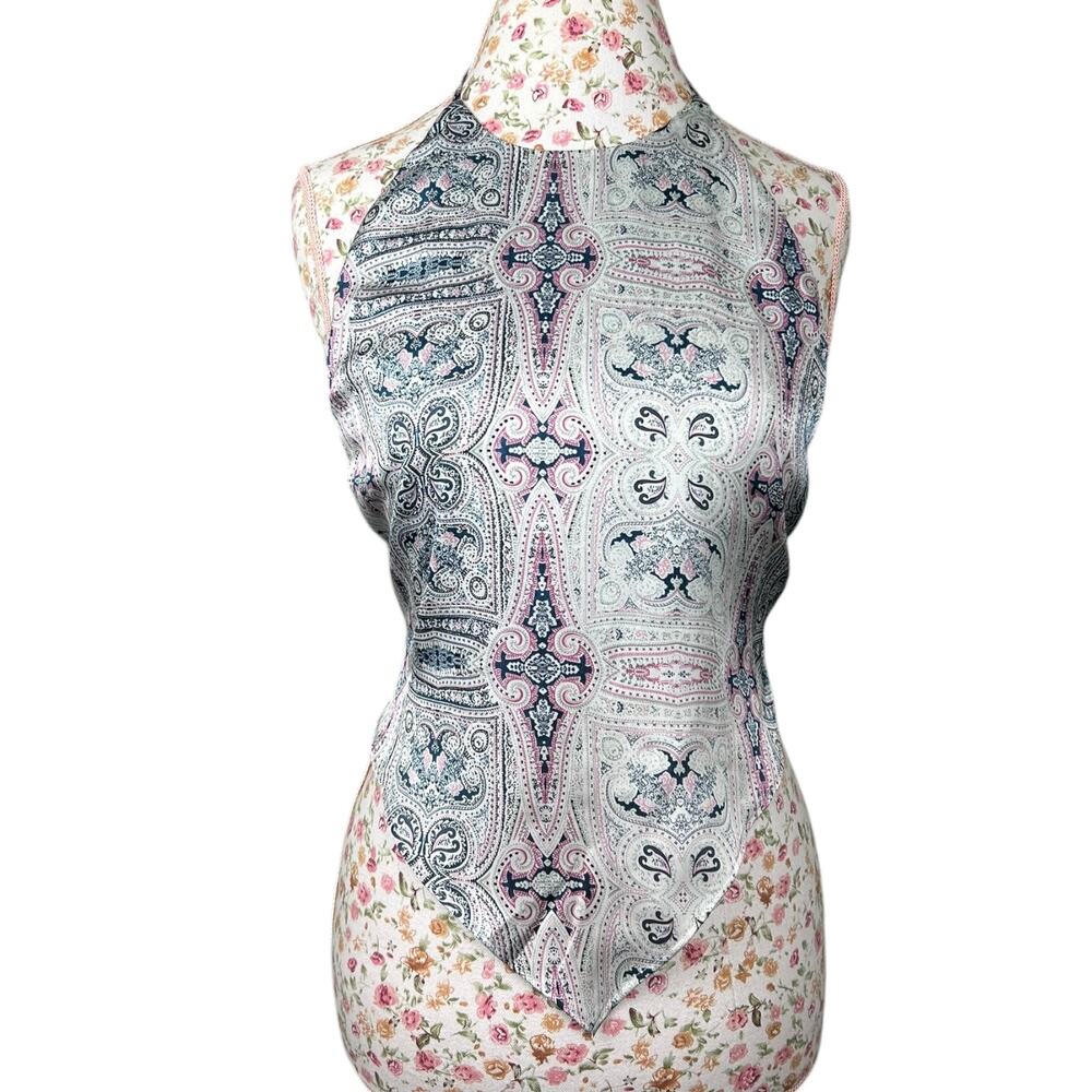 NWT ACOA Retro Handkerchief Halter Top size Medium Silver Tone Blue Pink Boho